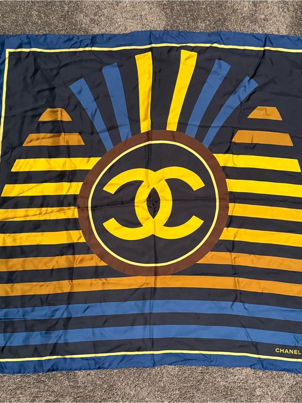 CHANEL Navy, Yellow and Blue Striped Logo Silk Scarf